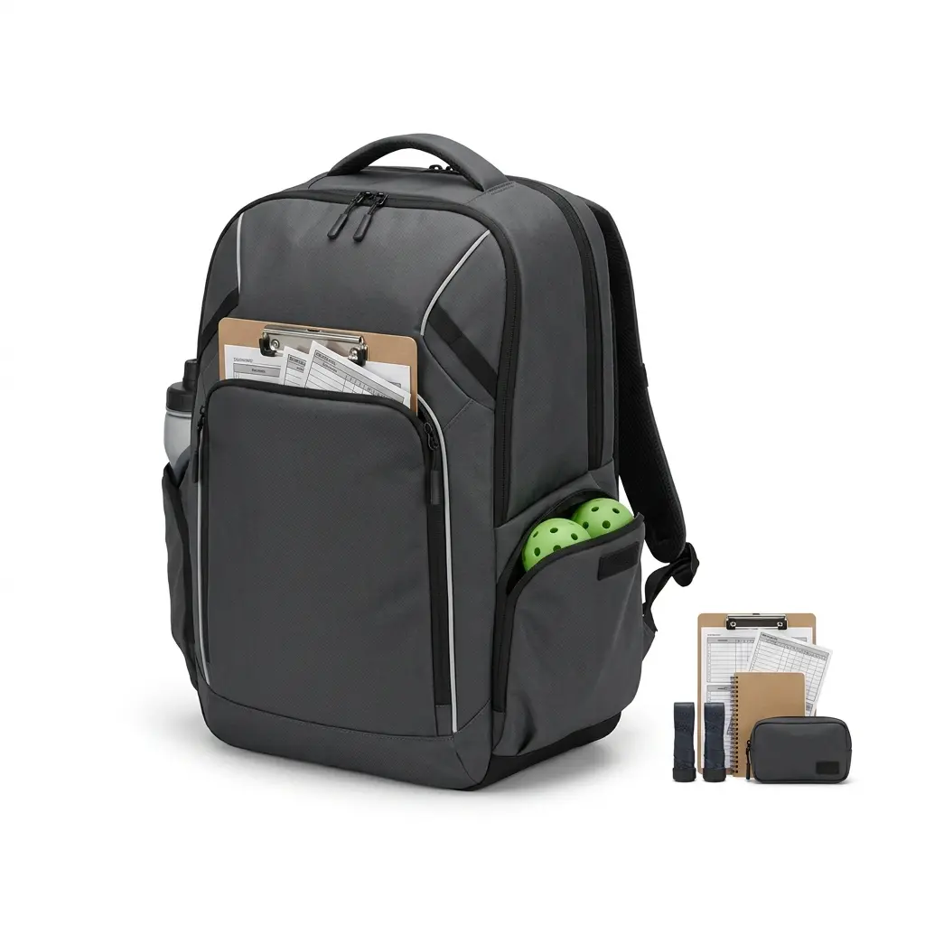 Tournament Backpack 03, coaching-focused tournament backpack with extra room for coaching tools, scorecards, clipboards, plus quick-access pockets for bottles and balls.