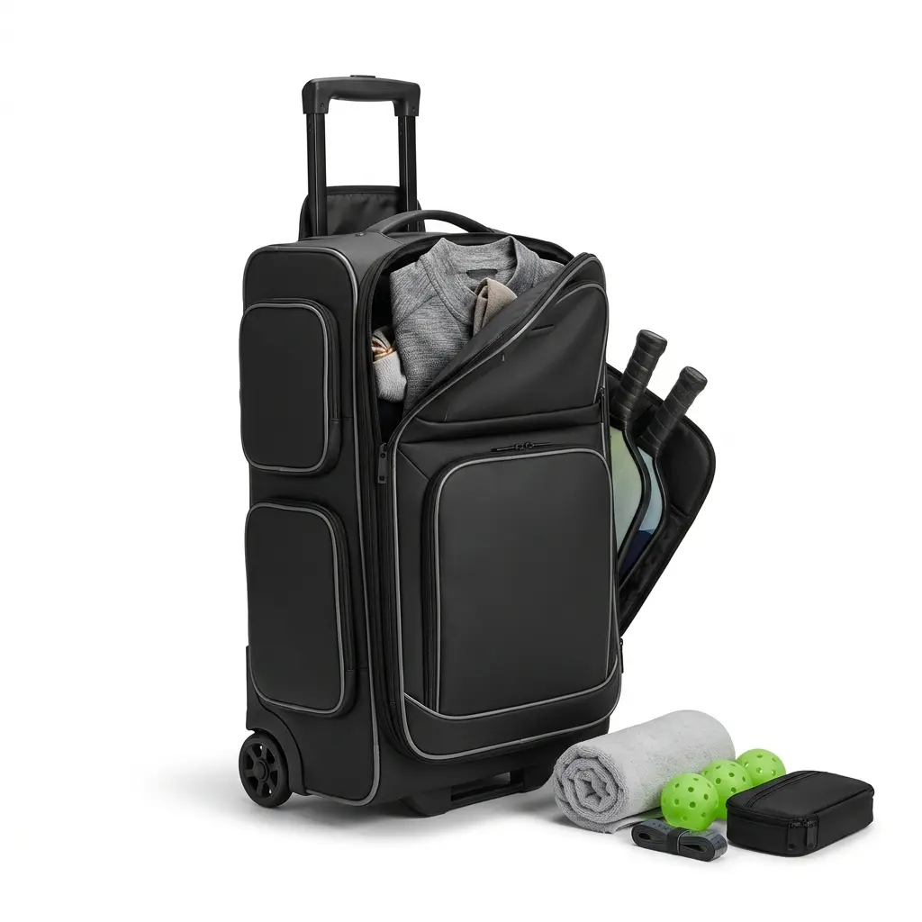 Tournament Roller 01, rolling tournament bag for travel weekends, combining 3–4 paddle protection with luggage-style storage for apparel and essentials.