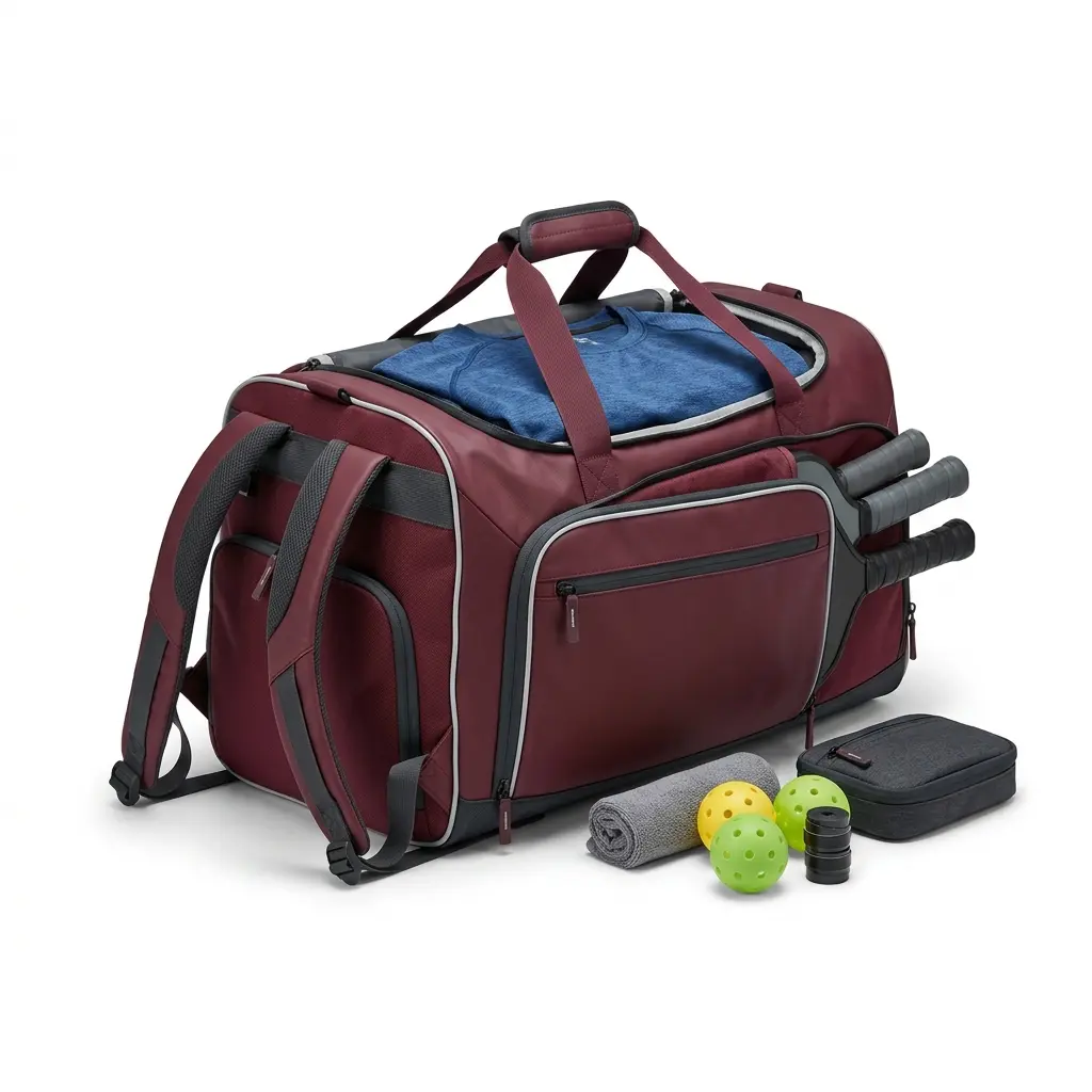 Tournament Hybrid 01, hybrid duffel-backpack design that switches carry modes as you move between parking lot, court, and hotel, with 3–4 paddle capacity.