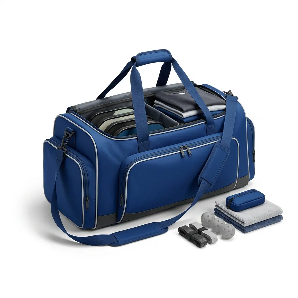 Tournament Team Bag 01, shared tournament bag for doubles partners or small teams, with labeled zones for each player's paddles and gear.