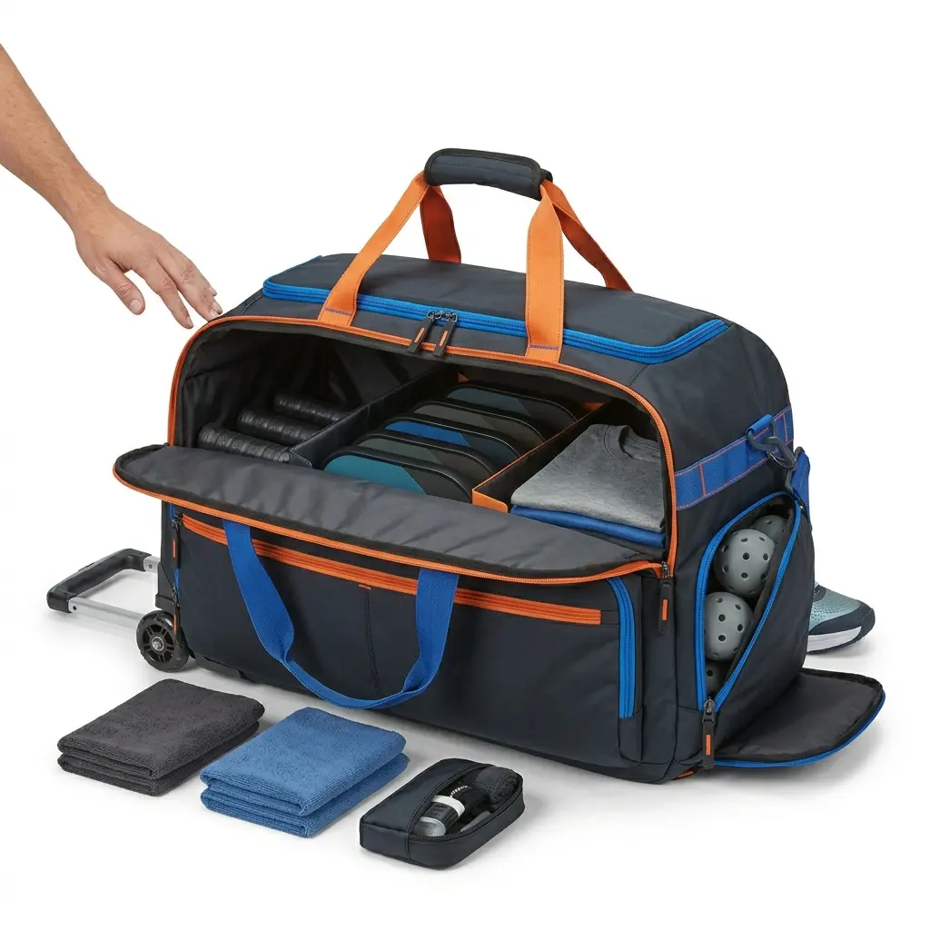 Team Duffel 01, oversized wheeled team duffel for club teams and tournaments, with dedicated paddle sleeves and side access to balls and bottles for competitive play and travel.