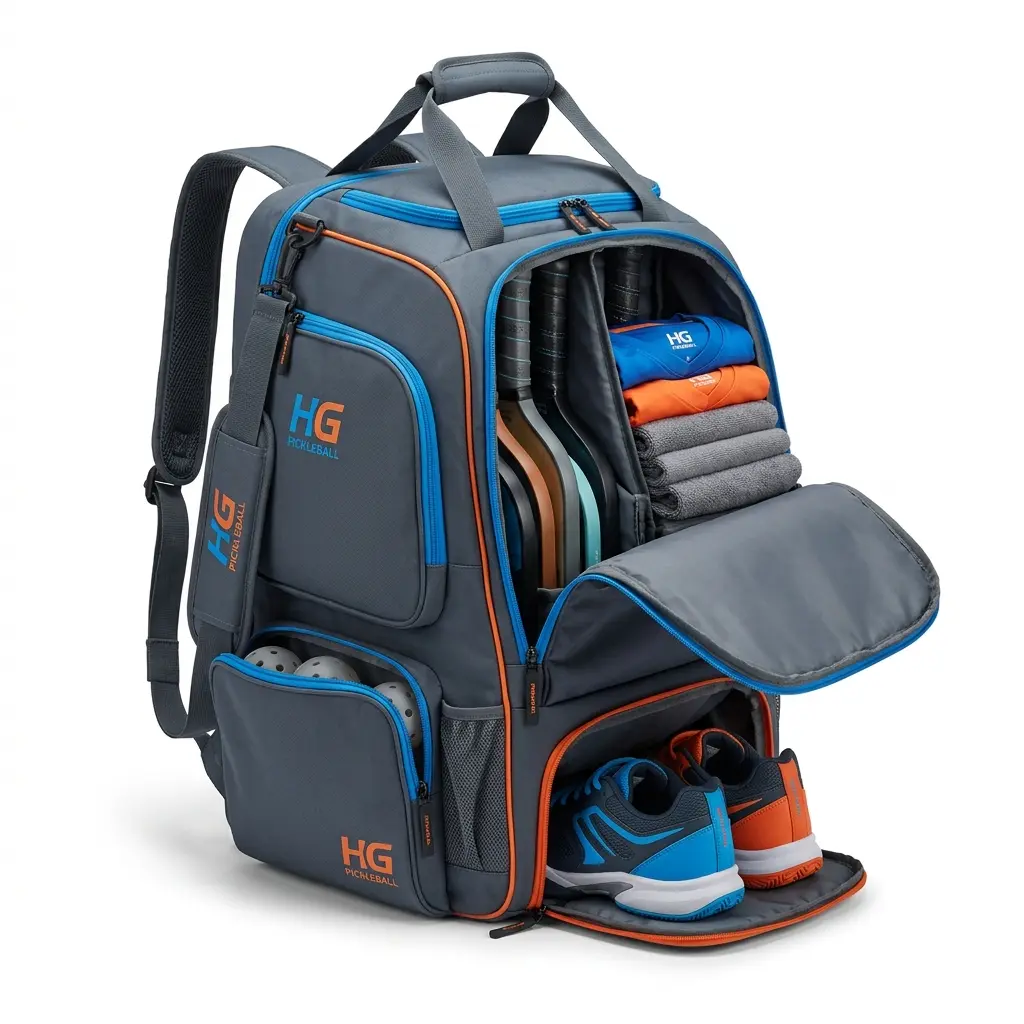 Tournament Squad Bag 01, built for squads traveling together, combining multiple paddle storage with shared apparel and shoe zones for tournaments and traveling teams.