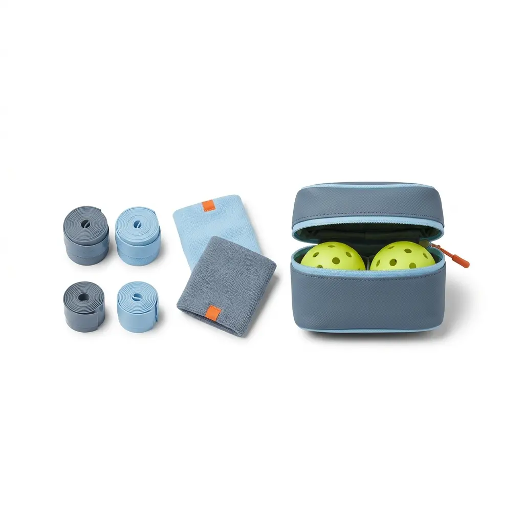 Commuter Accessory Set 02, minimalist pickleball set for light carriers with replacement grips, wristbands, and a compact ball case for everyday use.