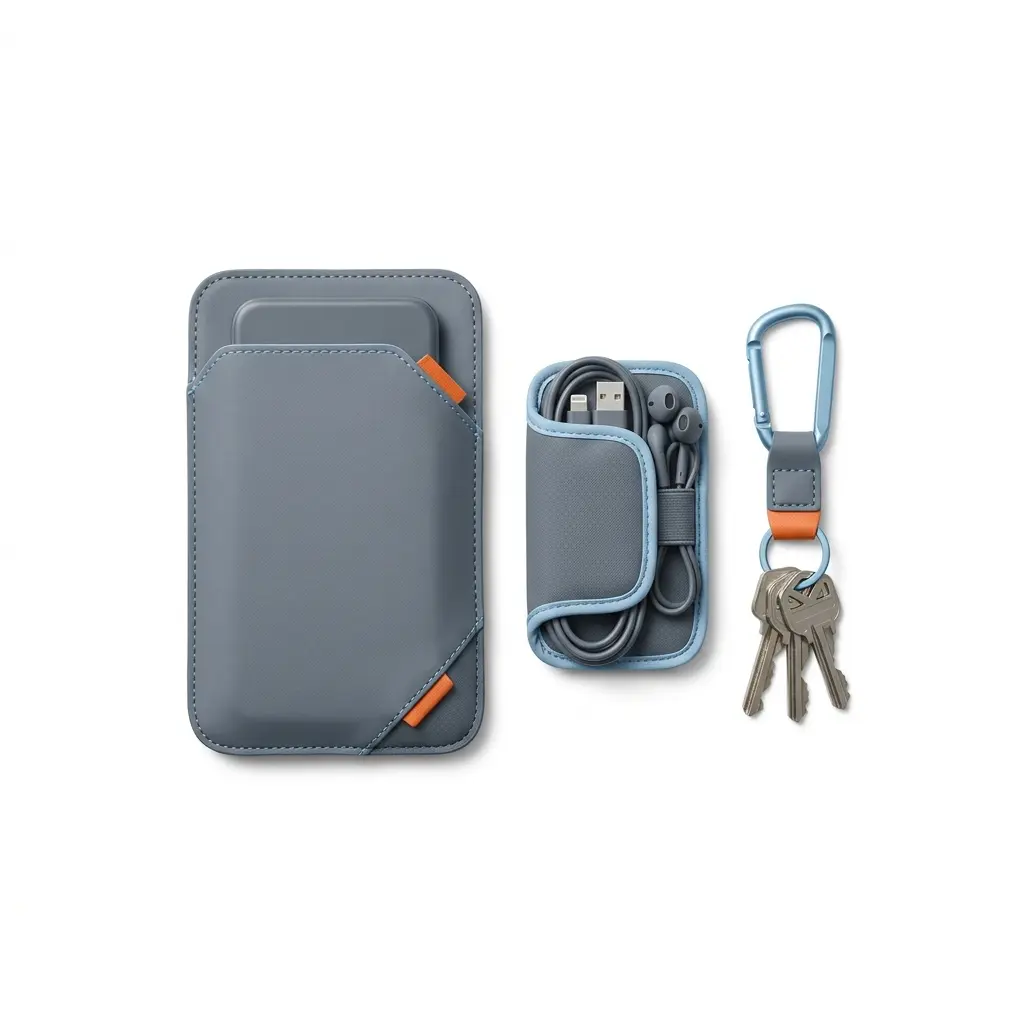 Commuter Tech & Essentials Set, tech sleeve, cable organizer, and key holder to keep devices and essentials tidy in your commuter bag for daily carry.