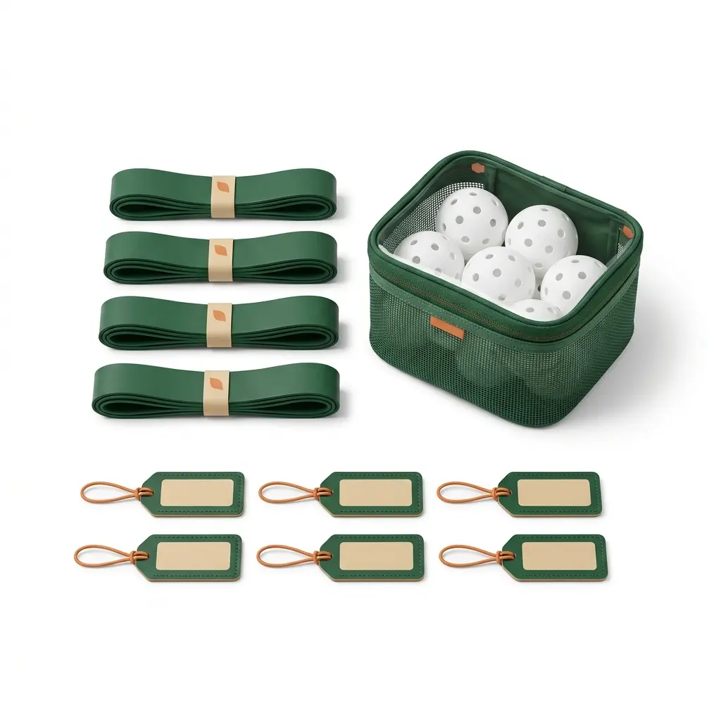 Team Accessory Set 01, shared team set with multiple grips, ball storage, and label tags to mark each player's gear in a forest green series.