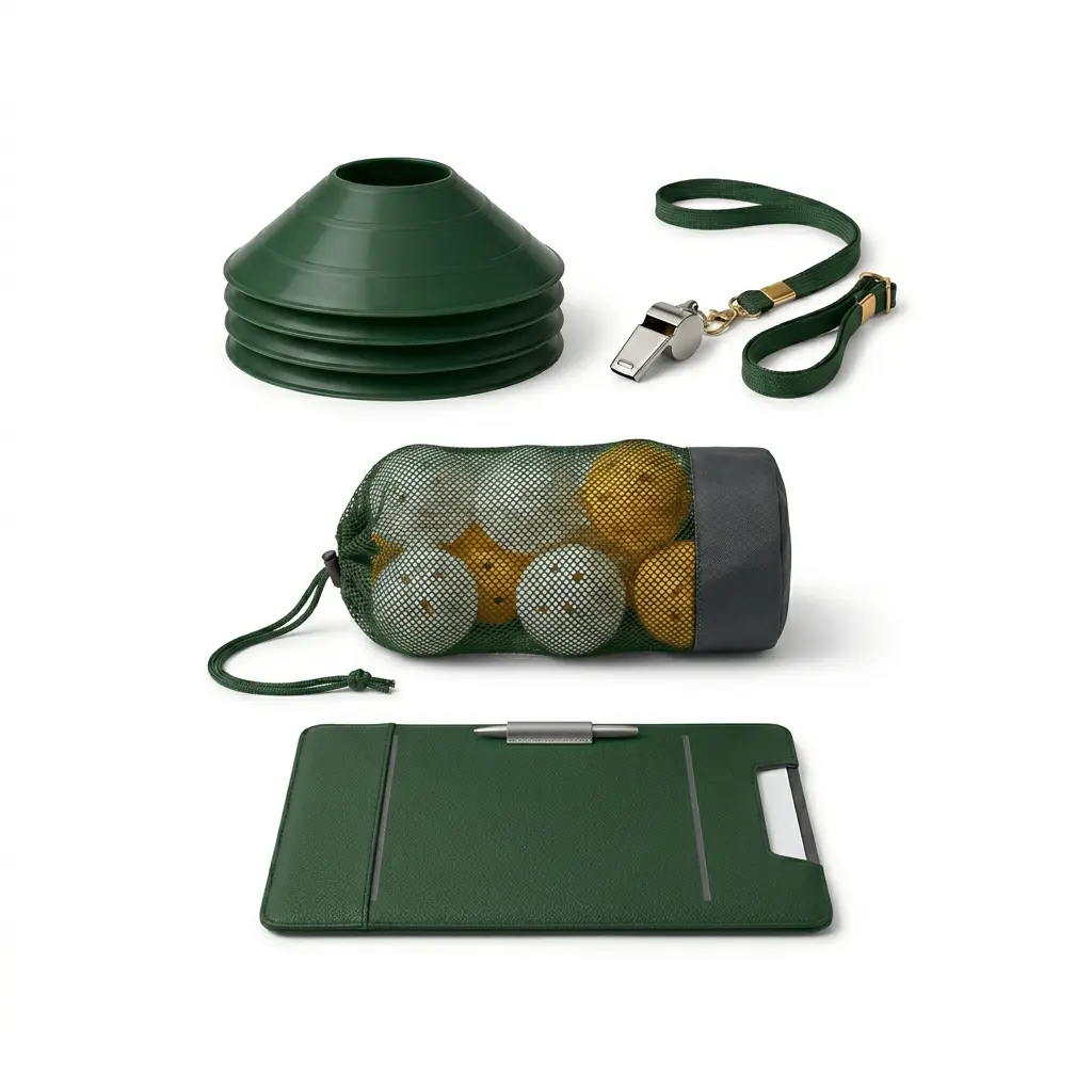 Team Accessory Set 02, club-ready pickleball bundle with cones, whistle lanyard, ball bag, and clipboard sleeve for coaches in a burgundy series.
