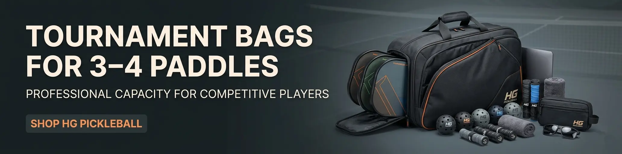 HG Pickleball Tournament Bags for 3–4 Paddles: high-capacity competitive bag that holds 3–4 paddles with full tournament kit including balls, grips, towel, and accessories, designed for tournament players who rotate paddles by surface, weather, and opponent.