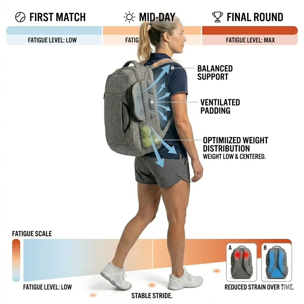 Real model walking with a pickleball bag featuring Fatigue Reduction design, balancing support, padding, and weight distribution to reduce strain over time, making the bag easier to carry from first match to final round.