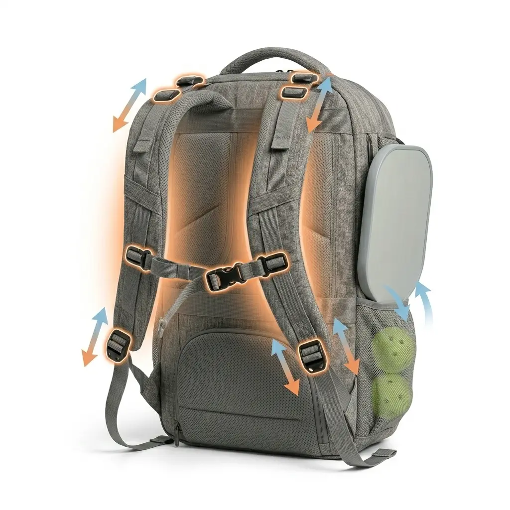 Pickleball backpack with Quick‑Adjust Harness straps showing adjustment buckles and sliders, with paddles and balls visible, allowing users to quickly adjust fit and carry balance on the move as conditions, load, or travel needs change.