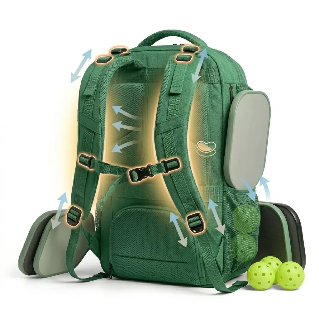 GREEN pickleball backpack with All‑Day Climate Control breathable materials and airflow design showing mesh panels and heat reduction, with paddles and balls placed next to the bag, keeping carry comfortable during long tournaments and warm conditions.