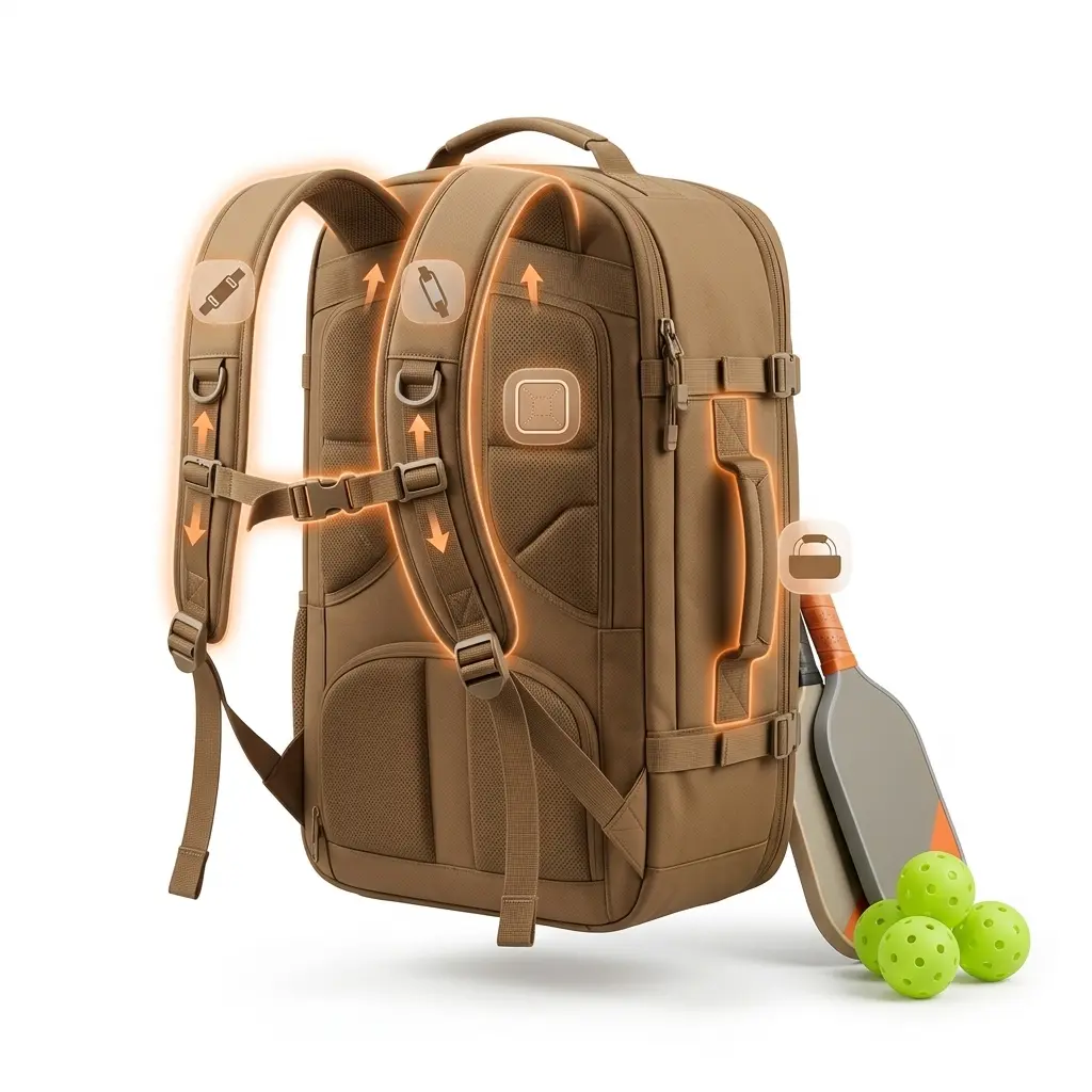 DESERT BROWN pickleball backpack with Customizable Contact Points showing adjustable shoulder straps, back padding, and grip areas that can be tuned for different user preferences, with paddles and balls next to the bag, creating a personal and comfortable carry feel.