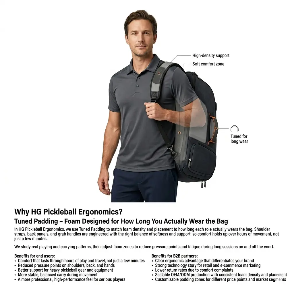 A professional product photography image for HG Pickleball ergonomics, featuring a model wearing a high-performance pickleball backpack. A semi-transparent overlay highlights the 'Tuned Padding' technology, showing varied foam density zones in the shoulder straps and back panel designed to improve comfort and support for long-duration wear. The lower section details B2B and B2C ergonomic benefits including reduced fatigue, optimized weight distribution, and scalable OEM production advantages