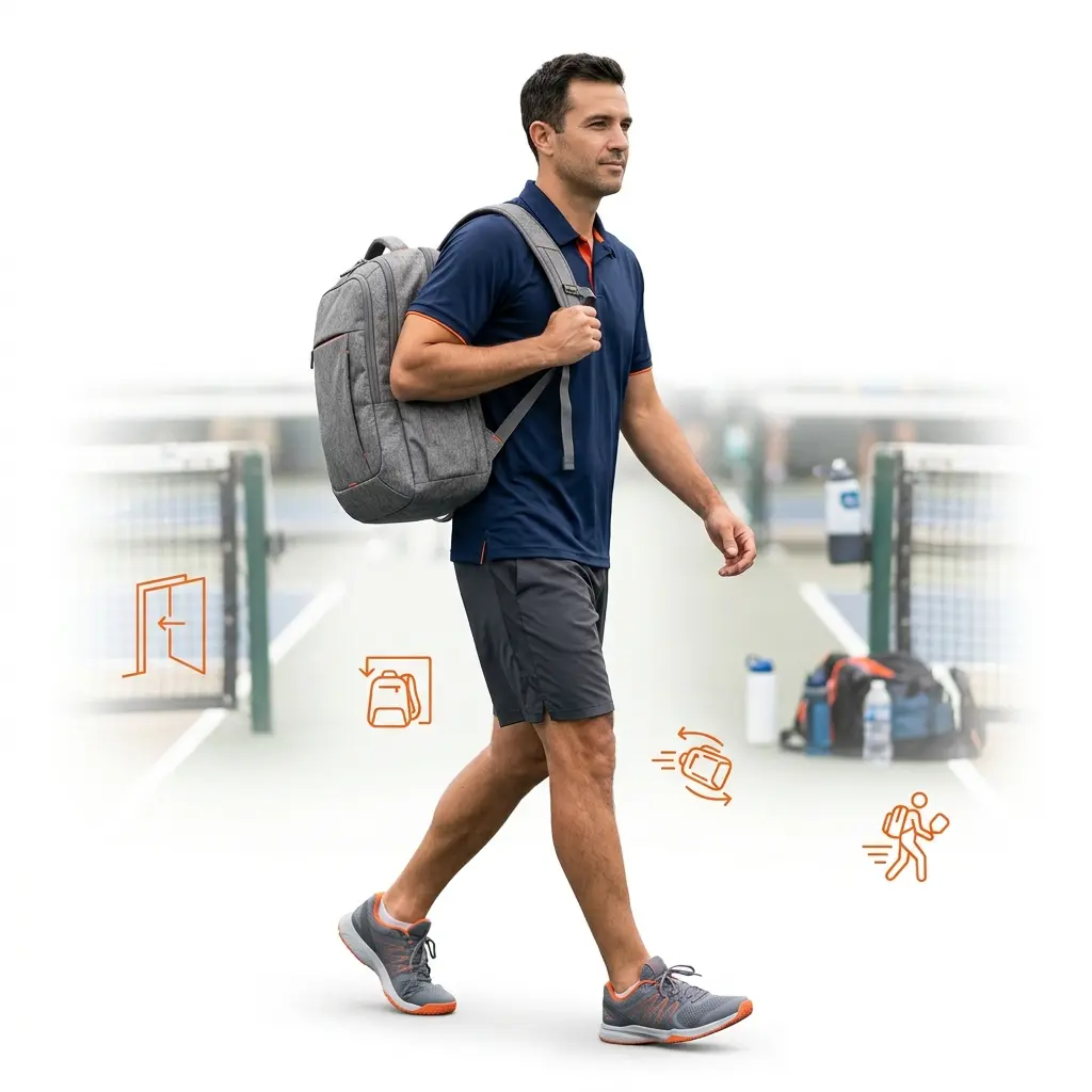 Real model walking past a pickleball court or venue with a role-specific designed bag, shaped around how a specific user actually carries it: walking courtside, moving through a venue, or travelling between events with a full load.