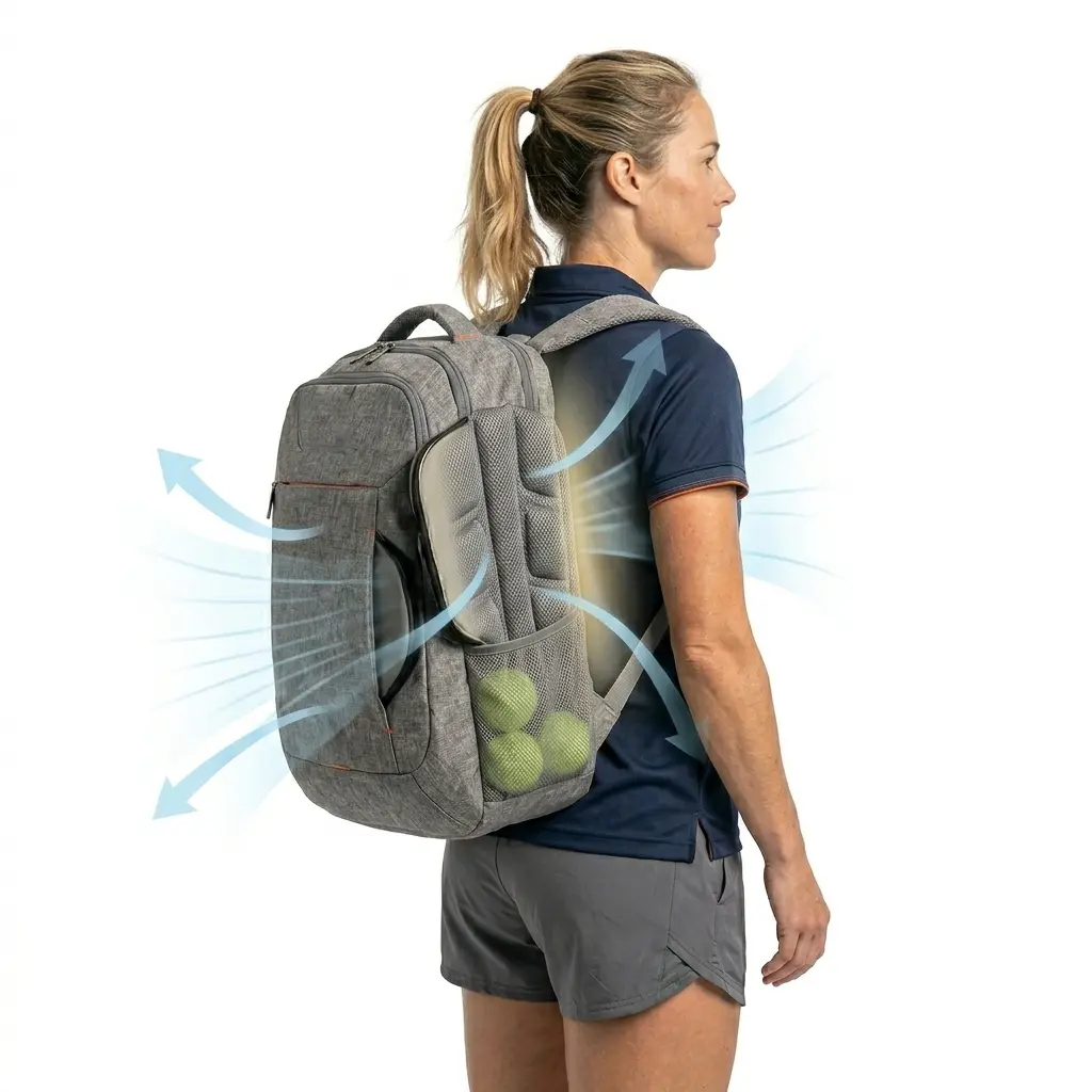 Real model wearing a pickleball bag with ventilated back panel design, showing airflow channels and heat dissipation for comfortable support during long event days in warm conditions without trapping too much heat.