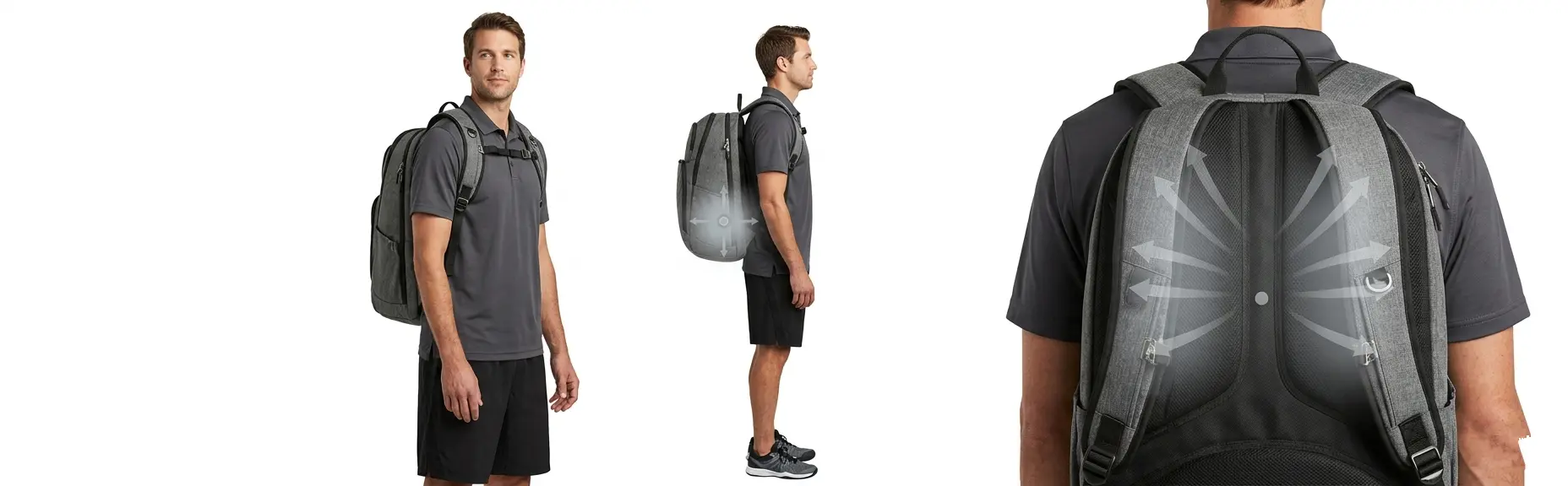 One real human model with one pickleball bag shown in three view angles (front, side, back close-up) on a 16:5 banner, demonstrating ergonomic shoulder strap design and weight distribution with central & low heavy gear area and CG marker.