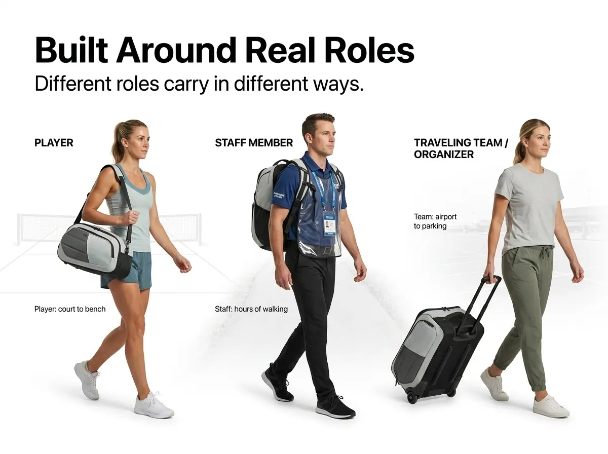 Professional B2B hero image featuring three distinct roles—a pickleball player, a tournament staff member, and a traveling organizer—demonstrating various ergonomic carrying styles of modern pickleball bags including shoulder, backpack, and trolley designs for different usage scenarios