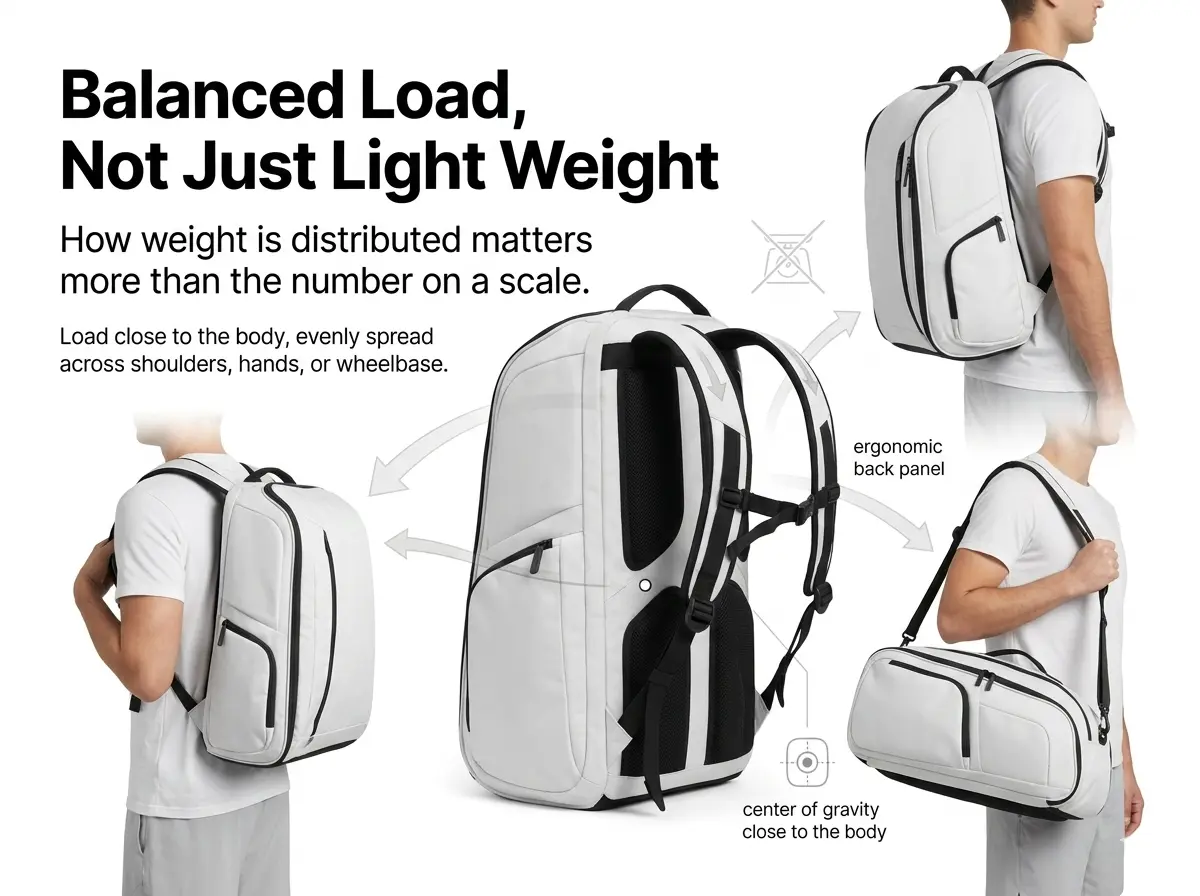 A professional B2B product showcase of an ergonomic pickleball bag designed for balanced weight distribution, highlighting how a center of gravity close to the body improves comfort during long-term use for players and staff