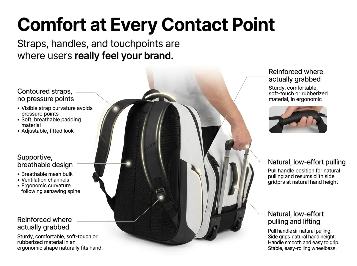 A professional B2B product showcase detailing the ergonomic comfort features of a pickleball bag, highlighting contoured shoulder straps, breathable back panel ventilation, and reinforced hand grips designed to eliminate pressure points and improve user experience