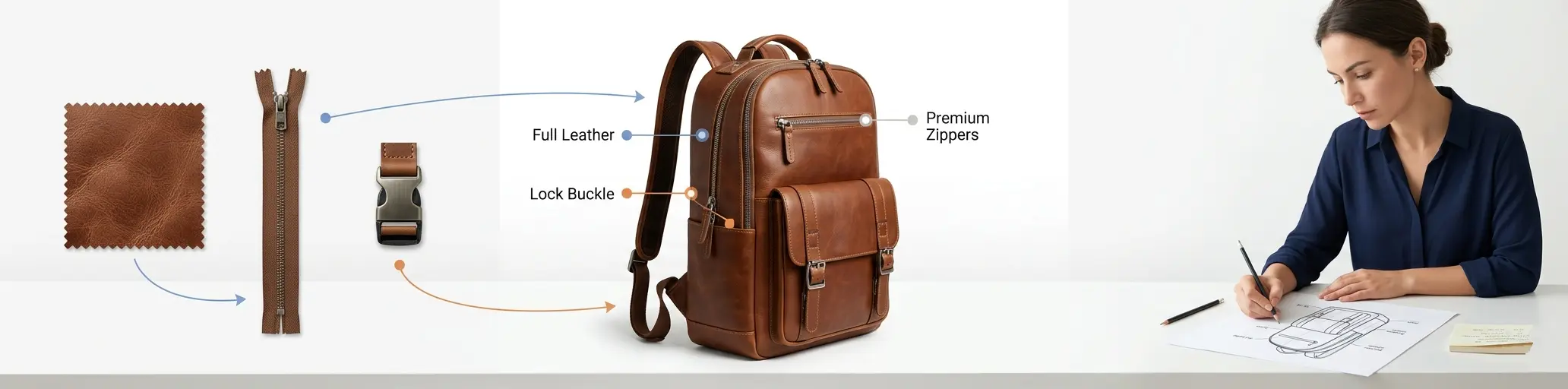 Premium FULL LEATHER pickleball backpack with fabric swatch, zipper, and lock on table, designer drawing the bag design, luxury quality for materials & durability.