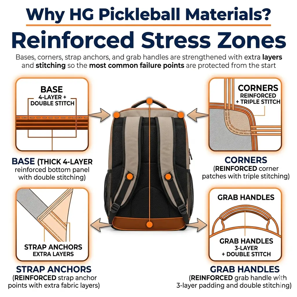 HG Pickleball Role-Specific Fabrics - HEAVY 18oz DENIM for staff bags, MEDIUM 12oz TWILL for players, LIGHT 8oz PLAIN for lightweight bags, fabric selected by user and usage, 800×800