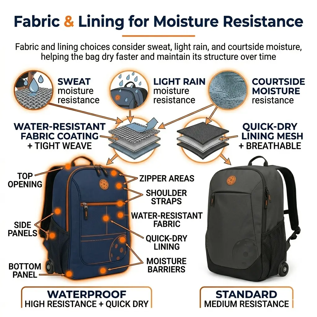 HG Pickleball Fabric & Lining Moisture Resistance - WATERPROOF deep navy HIGH RESISTANCE quick-dry, STANDARD charcoal gray MEDIUM RESISTANCE, fabric lining consider sweat light rain courtside moisture, bag dries faster maintains structure, 800×800