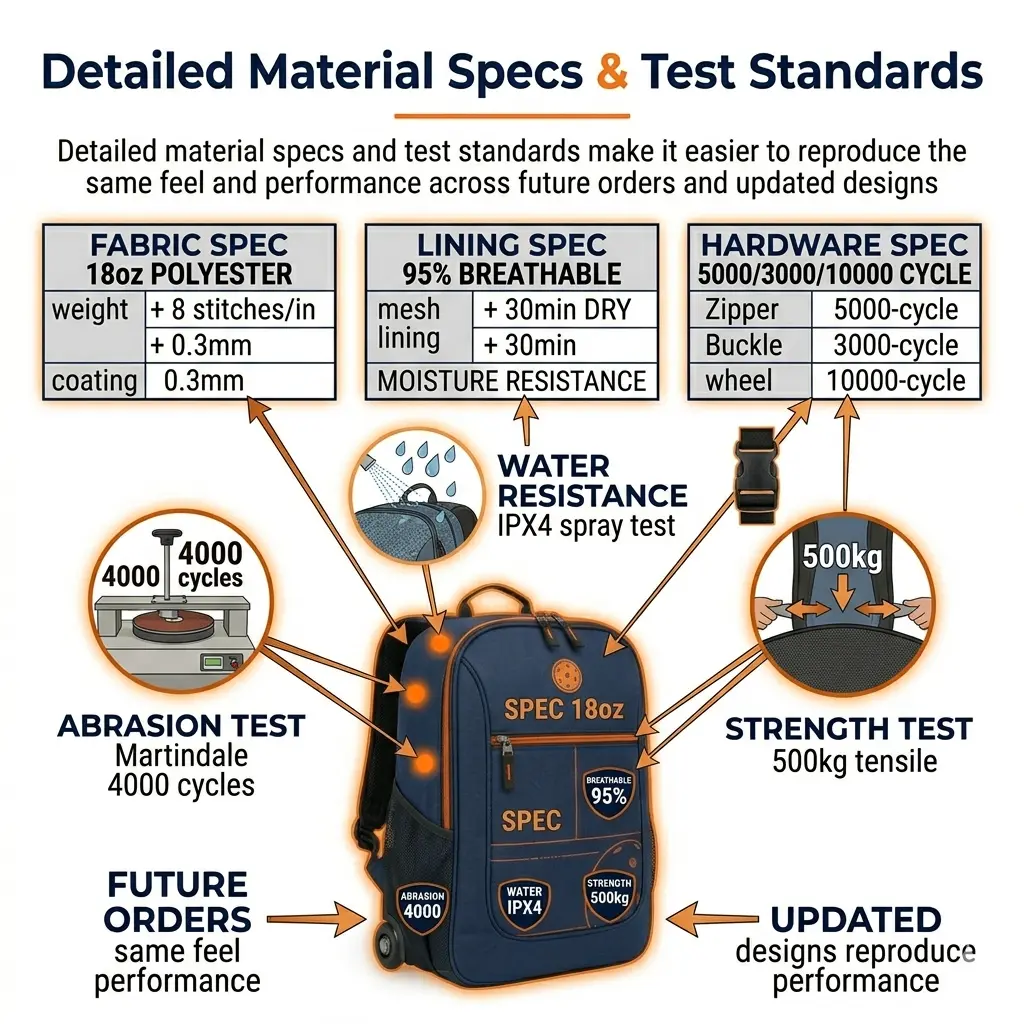 HG Pickleball Detailed Material Specs & Test Standards - FABRIC 18oz polyester 8 stitches/in, LINING 95% breathable 30min dry, HARDWARE 5000/3000/10000 cycle, ABRASION 4000 water IPX4 strength 500kg, future orders updated designs reproduce feel performance, 800×800
