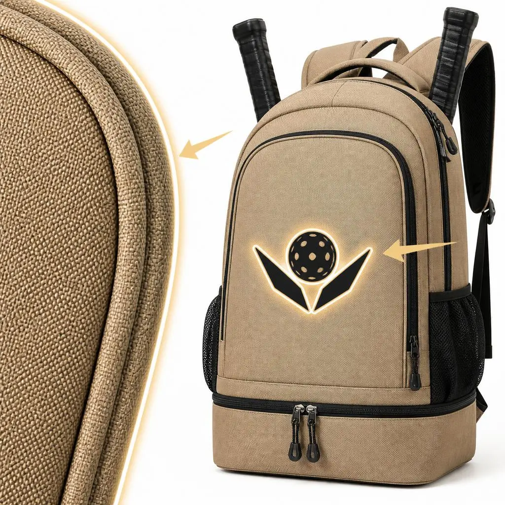 Pickleball backpack showing edge binding CLOSE-UP with clean finished edge and reinforced binding tape on left side, logo application and surface treatment with clean premium finish on DESERT BROWN bag on right side, PURE WHITE background, clean premium look maintained across long-term use and multiple reorders