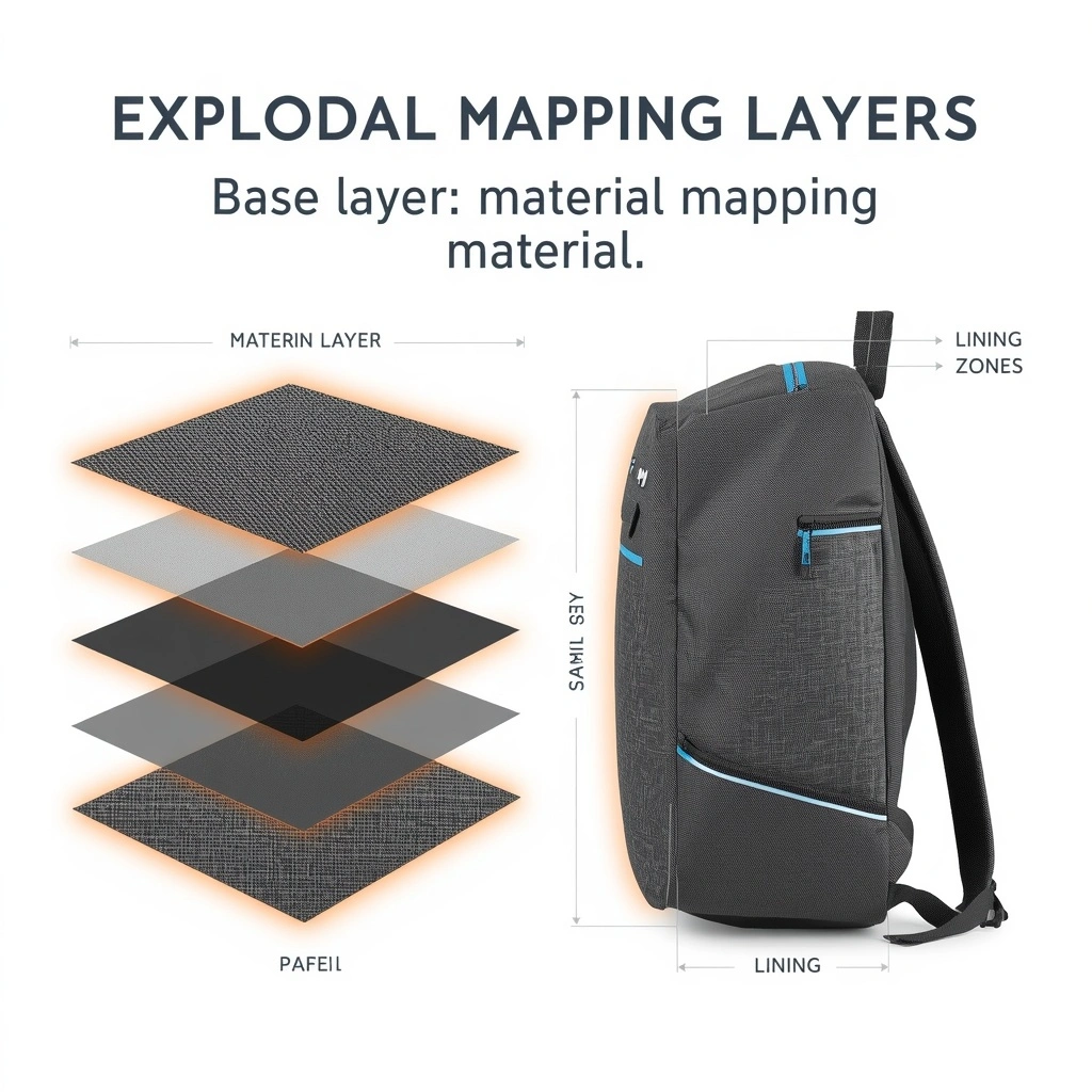 Pickleball backpack showing exploded view material mapping with base layer thick durable material bottom panel layer medium strength fabric middle lining layer soft flexible material top on left side, material zones base panel side panel top lining on GRAY bag on right side, PURE WHITE background, right strength and flexibility in right place mapped from base to panels to linings