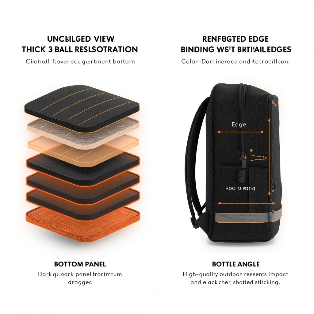 Pickleball backpack showing exploded view layered reinforcements with bottom panel thick 3-layer reinforcement bottom and contact edge reinforced edge binding with double stitching top on left side, high-wear areas with layered protection bottom panel and contact edges on BLACK bag on right side, PURE WHITE background, NO WHEELS, layered reinforcements protect against dragging impact and repeated stacking