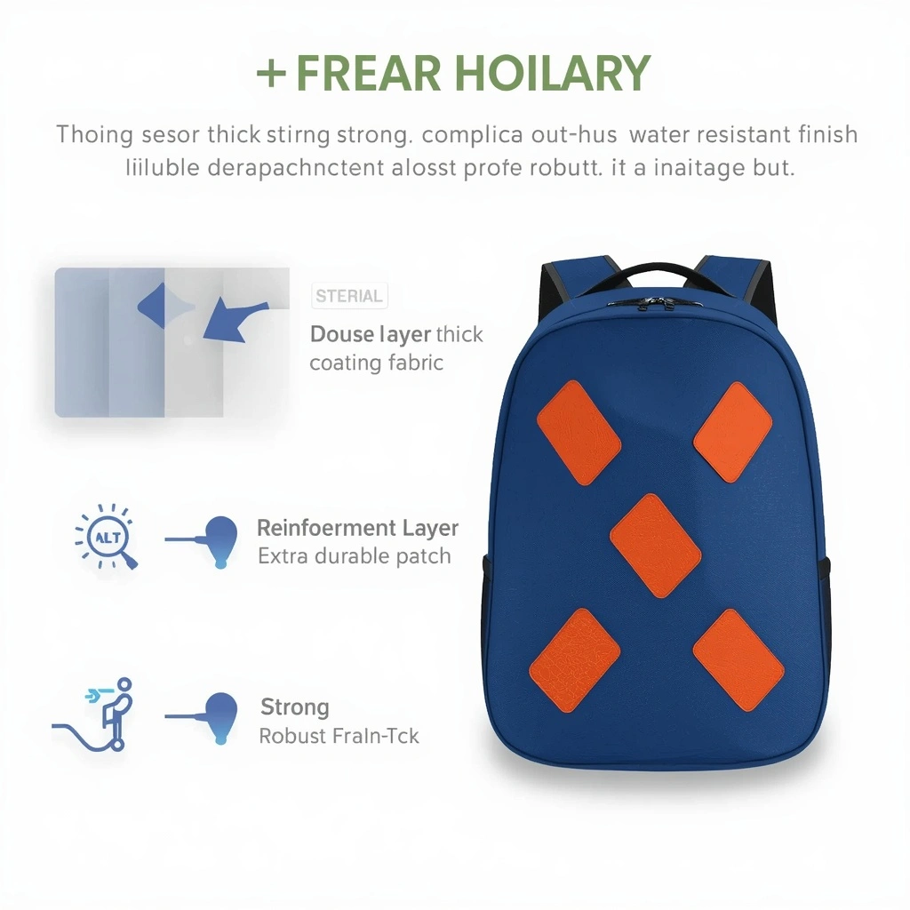 Pickleball backpack showing material layers CLOSE-UP with denier layer thick strong fabric bottom coating layer water-resistant finish middle reinforcement layer extra durable patch top on left side, backpack feeling robust but lightweight on NAVY BLUE bag on right side, PURE WHITE background, balanced denier coatings and reinforcements, robust without unnecessarily heavy for players and staff