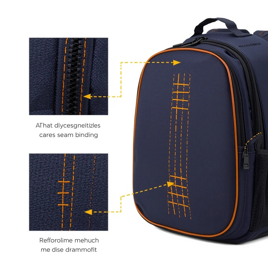 Pickleball backpack showing exact detail construction methods with seam types strong 3-layer seam binding bottom left stitch densities precise 8-stitches-per-inch pattern middle and reinforcement methods reinforced corner patch with cross-stitch top right on left side, factory-proven constructions seam types stitch densities reinforcement methods on NAVY BLUE bag on right side, PURE WHITE background, chosen from constructions proven across previous large-scale productions