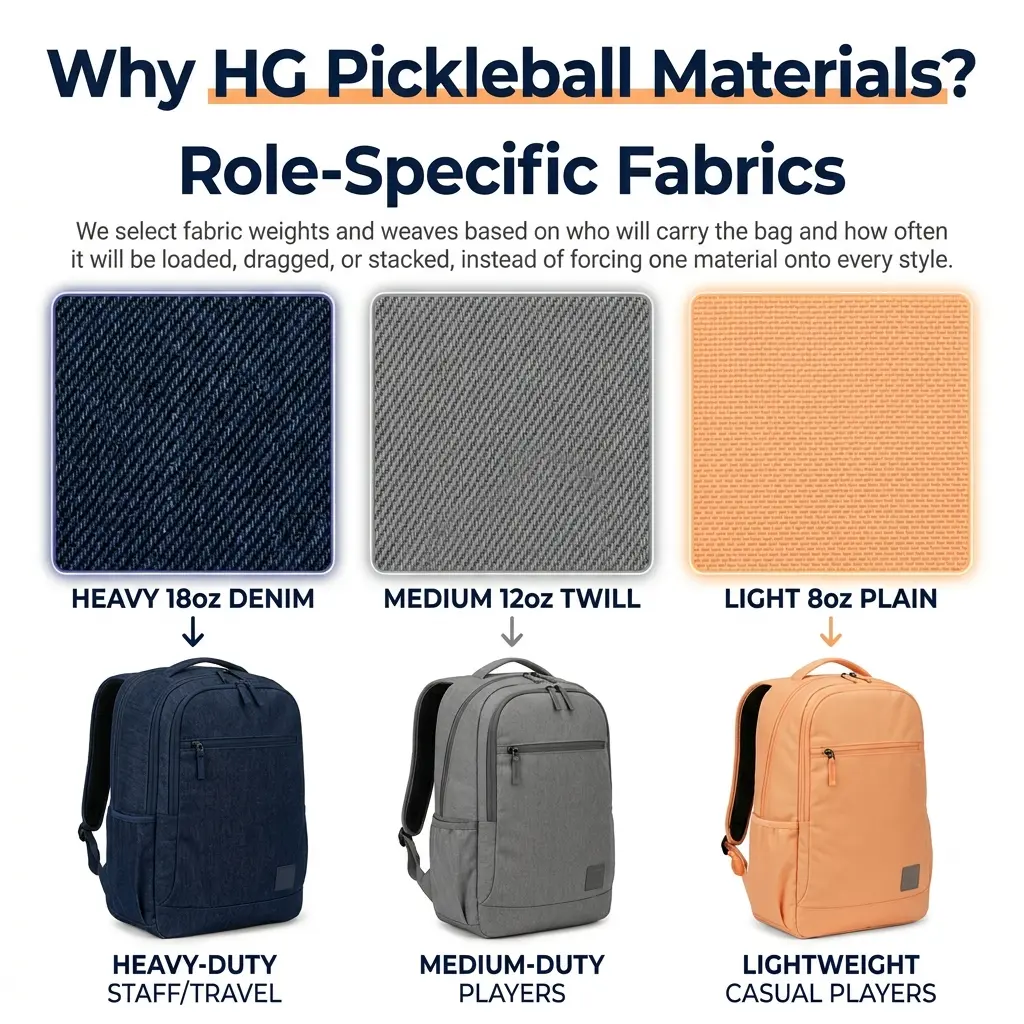 HG Pickleball Reinforced Stress Zones - BASE 4-layer + double stitch, CORNERS reinforced + triple stitch, STRAP ANCHORS extra layers, GRAB HANDLES 3-layer + double stitch, failure points protected, 800×800