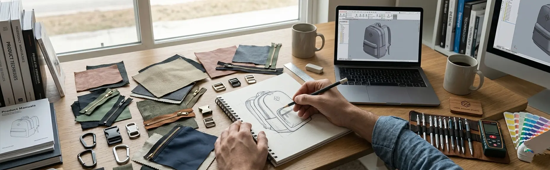 Designer sketching a custom backpack design on a notepad at a professional workspace with fabric swatches, zippers, and 3D design software on a laptop