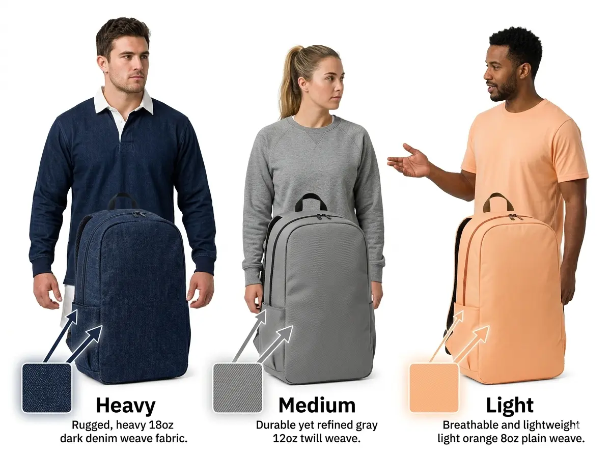 Role-specific fabric systems for backpacks, duffels, and wheeled bags, balancing lightweight performance textiles, heavy-duty weaves, and coordinated brand color and texture across the collection.