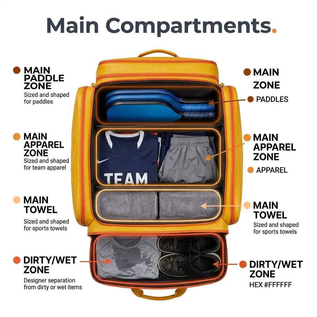 HG Pickleball Main Compartments - YELLOW pure leather DUFFEL bag wide rectangular opened MAIN compartments PADDLES 3 paddles, APPAREL jerseys shorts, TOWELS 2 towels, DIRTY/WET wet shirt dirty shoes SEPARATE, main compartments sized and shaped for paddles apparel towels, clear separation from dirty or wet items, 800×800