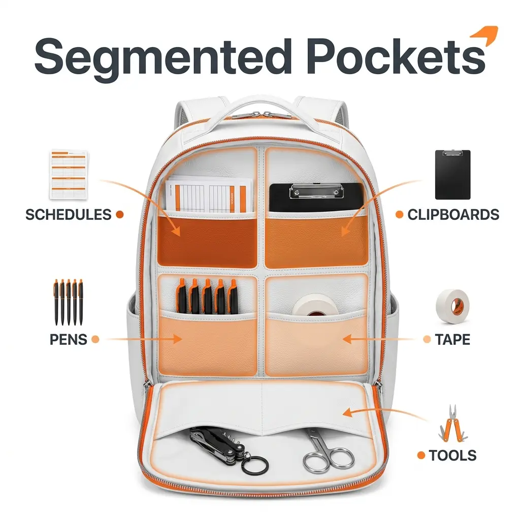 HG Pickleball Segmented Pockets - WHITE pure leather BACKPACK five segmented pockets SCHEDULES papers, CLIPBOARDS 2 clipboards, PENS 5 pens, TAPE roll, TOOLS multi-tool scissors, segmented pockets schedules clipboards pens tape small tools keep courtside workflows efficient, 800×800
