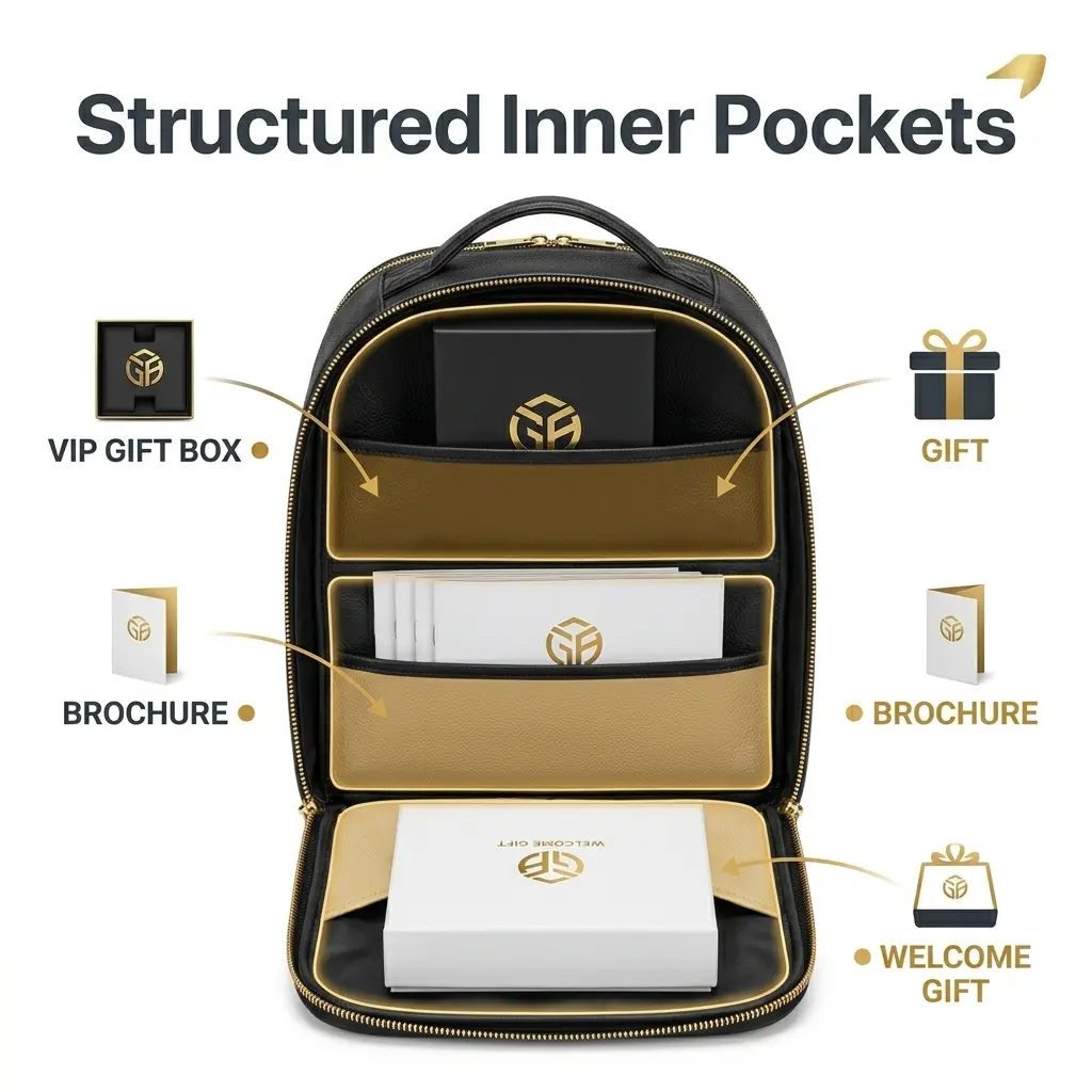 HG Pickleball Structured Inner Pockets - PREMIUM BLACK pure leather CLUTCH bag elegant handbag GOLD zipper THREE structured pockets GIFT VIP gift box, BROCHURE promotional brochures, WELCOME welcome gift, structured inner pockets keeps gifts brochures welcome items neat upright easy to present, BUSINESS PREMIUM LUXURY, 800×800