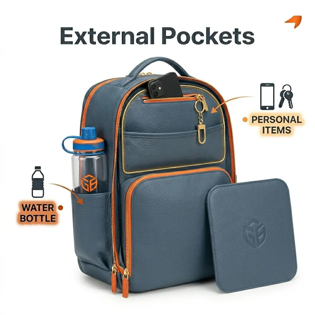 HG Pickleball External Pockets - STONE BLUE pure leather HYBRID bag novel MODERN INNOVATION THREE external pockets WATER BOTTLE sport bottle, BALLS 3 pickleballs, PERSONAL ITEMS phone keys, external pockets positioned for water bottles balls small personal items reduce digging speed up use between games, novel style, 800×800