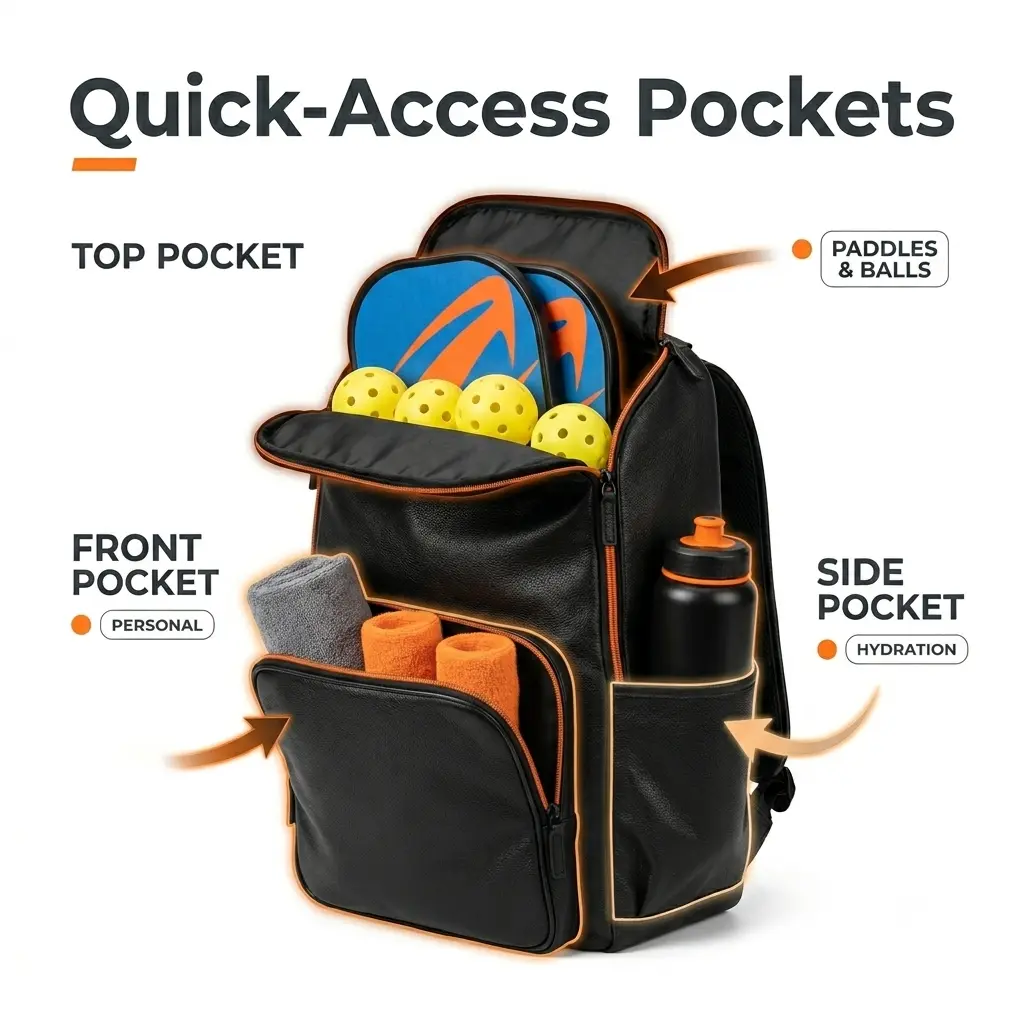 HG Pickleball Quick-Access Pockets - BLACK pure leather bag opened THREE pockets TOP paddles balls, FRONT hydration water bottle, SIDE personal towel wristbands, core gear hydration match-day essentials organized quick access warm-up games recovery, layout core items easy to reach, 800×800