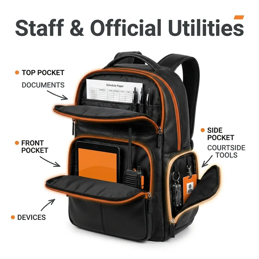 HG Pickleball Staff & Official Utilities - BLACK pure leather bag opened THREE compartments TOP documents schedule pens, FRONT devices tablet radio, SIDE courtside tools utility ID badge, documents devices courtside tools for staff officials, fast movement efficient work busy event days, 800×800