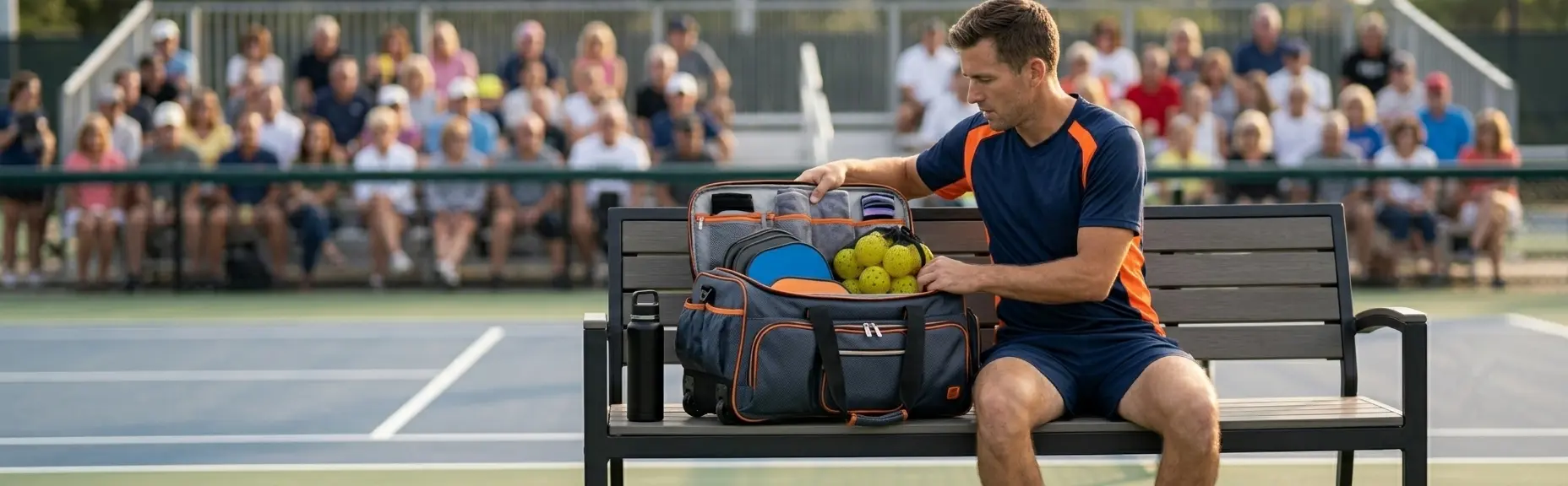 HG Pickleball Organization & Use - REAL male player sitting pickleball court rest area opening BLACK pure leather bag, taking paddle 2 paddles 3 balls bottle towel, outdoor court green surface wooden bench, organization use in real environment, no text ultra-wide 1280×400