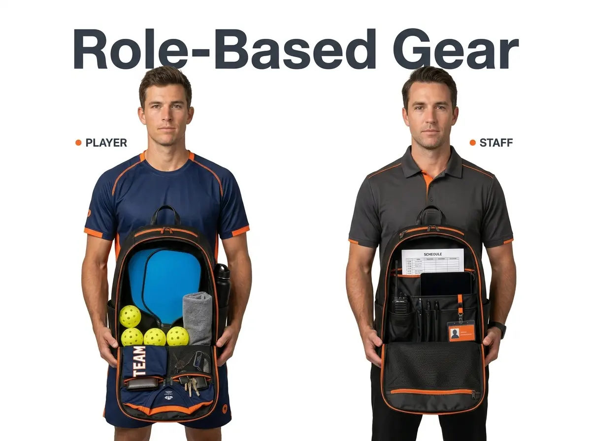 HG Pickleball Role-Based Gear - TWO REAL PEOPLE MALE PLAYER navy jersey STAFF charcoal polo, two opened BLACK pure leather backpacks different gear PLAYER paddles balls towel bottle STAFF schedule radio tablet pens, not every role carries same gear map what each role needs full event day design structure pocket hierarchy not forcing generic layout, minimal text PLAYER STAFF, 536×1536