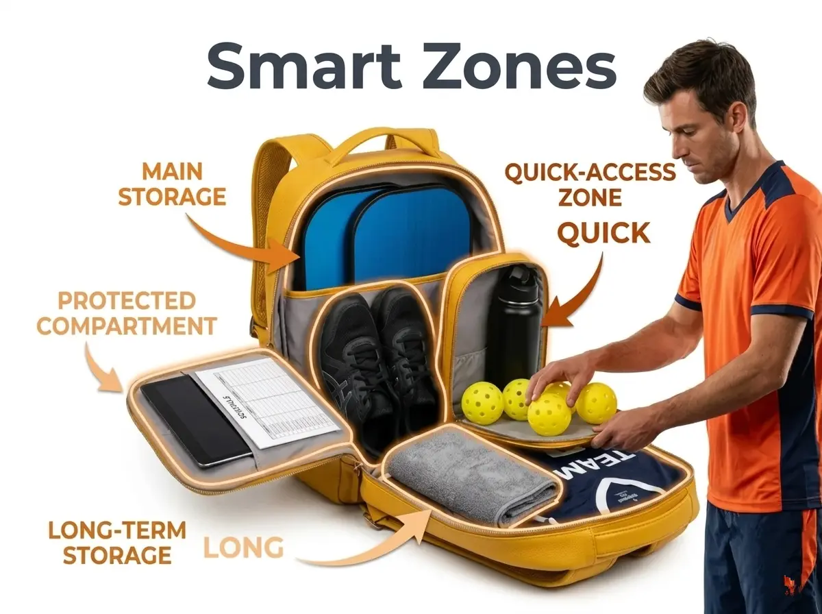 HG Pickleball Smart Storage Zones - YELLOW pure leather backpack opened FOUR zones MAIN paddles shoes, QUICK balls bottle, PROTECTED tablet schedule, LONG towel jersey, REAL PLAYER orange jersey reaching QUICK balls, organization not many pockets knowing instinctively where everything lives, main quick protected long users do not search, players reach match-day essentials, staff find right item, very short text MAIN QUICK PROTECTED LONG, 1200×900